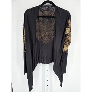 JW Style Womens Sz L Open Front Cardigan Sweater Black w/ Gold Floral Print